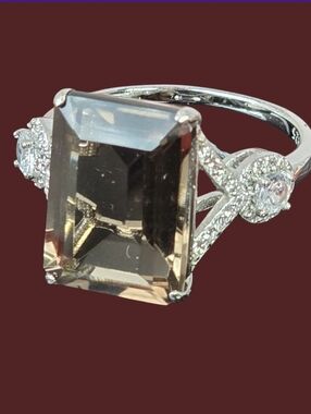 925 Sterling Silver Ring with Natural Smoky Quartz 12x10mm Gem & Cz
